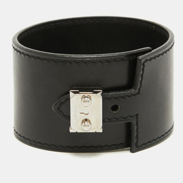 HERMES Black Leather Chamonix Vegas Lock Wide Cuff Bracelet