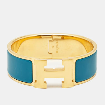 HERMES Clic Clac H Blue Enamel Gold Plated Wide Bracelet