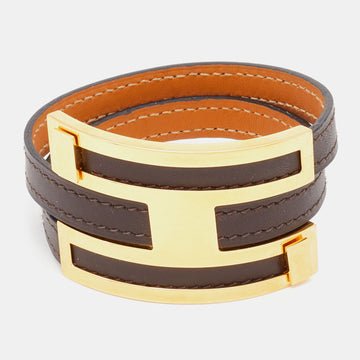HERMES Pousse Pousse Brown Leather Gold Plated Bracelet