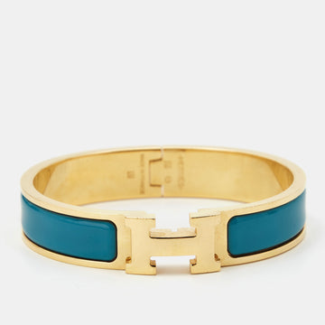 HERMES Clic H Blue Enamel Gold Plated Narrow Bracelet