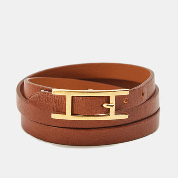 HERMES Behapi Leather Gold Tone Double Tour Bracelet