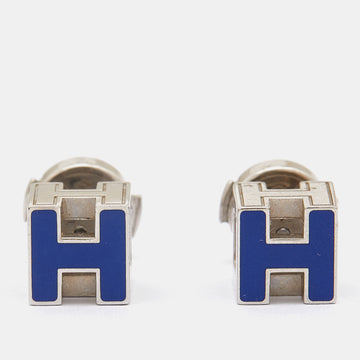 HERMES Cage d'H Blue Enamel Palladium Plated Earrings