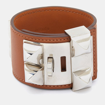 Hermes Collier de Chien Brown Leather Palladium Plated Wide Bracelet S