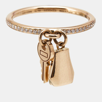 Hermes Kelly Clochette Diamonds 18k Rose Gold Small Model Ring Size 53