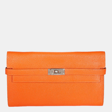 Hermes Orange Chevre Mysore Kelly Wallet with Palladium Hardware