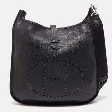 HERMES Black Taurillion Clemence Leather Evelyne III TGM Bag