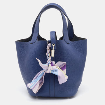 HERMES Blue Agate Taurillion Clemence Leather Picotin Lock 18 Bag