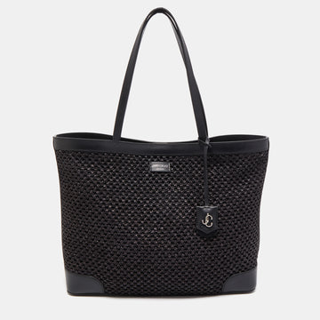 JIMMY CHOO Black Woven Straw and Leather Nine2Five Tote