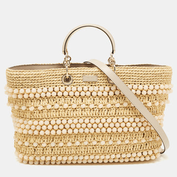 JIMMY CHOO Natural Beaded Raffia and Leather Large Bon Bon Tote