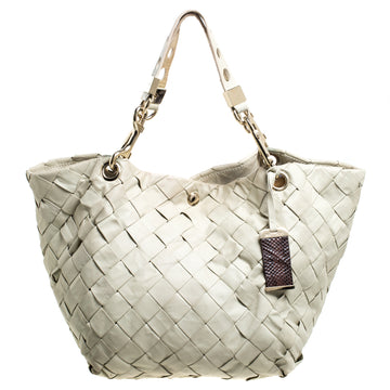 JIMMY CHOO Ivory Woven Leather Tote