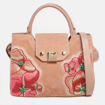 JIMMY CHOO Dusty Pink Floral Embroidered Suede and Leather Riley Tote