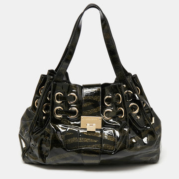 JIMMY CHOO Black/Gold Zebra Print Patent Leather Riki Tote