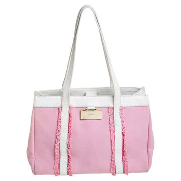 KATE SPADE Pink/White Canvas and Leather Metal Plate Tote