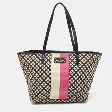 KATE SPADE Black/White Striped Canvas and Leather Adaria Tote