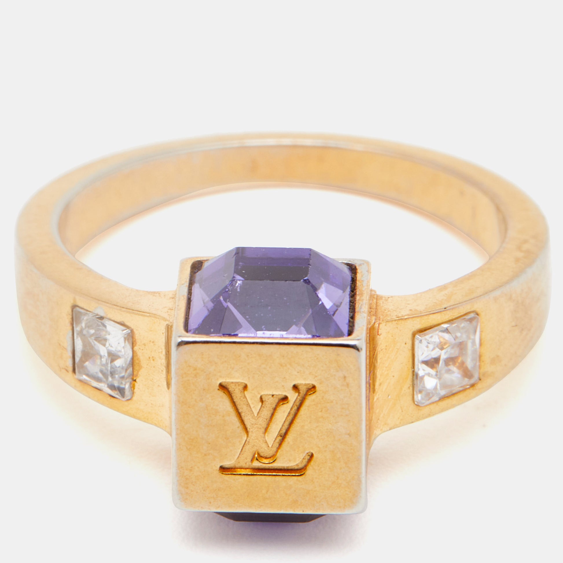Louis Vuitton Gold Tone Crystal Gamble Ring Size EU 53 Louis