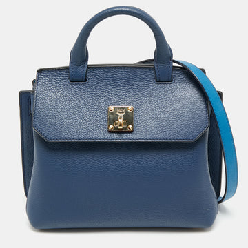 MCM Navy Blue Leather Milla Flap Top Handle Bag