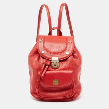 MCM Red Leather Studded Drawstring Backpack