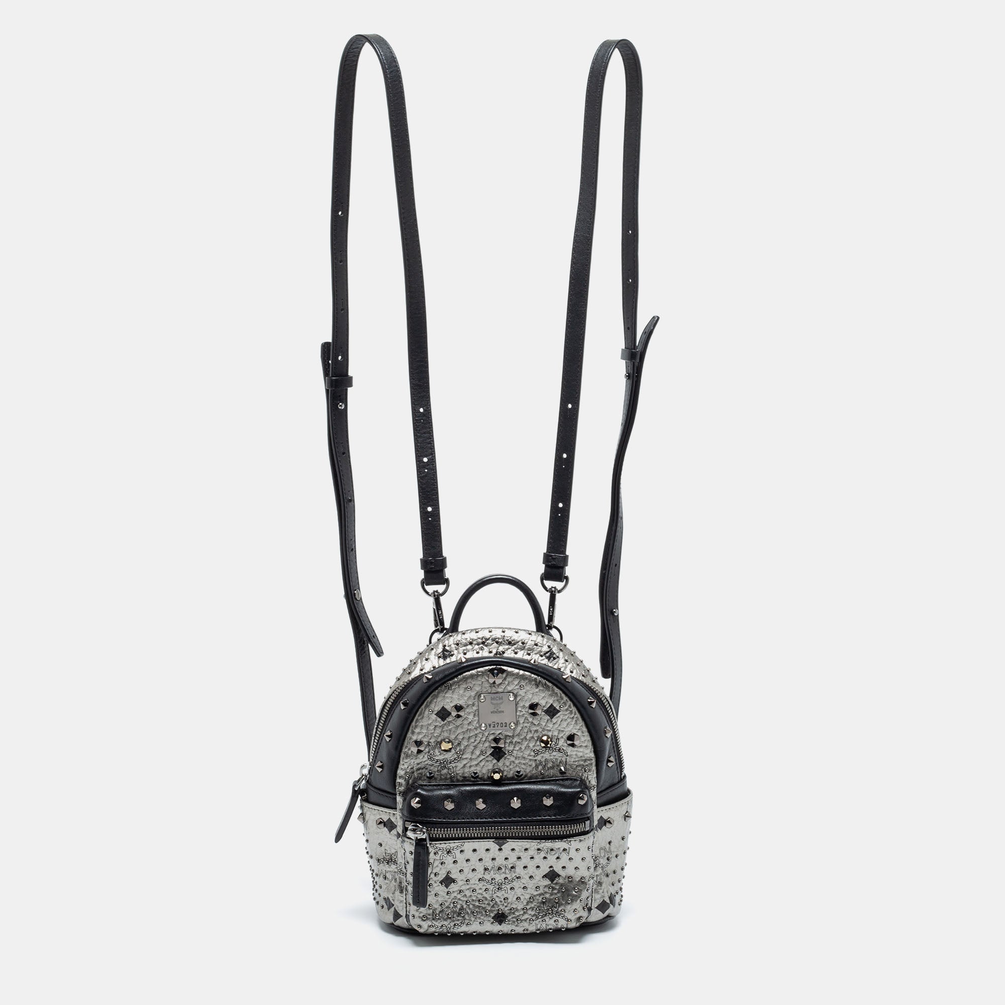 MCM Silver Black Monogram Leather Crystal Studded Backpack