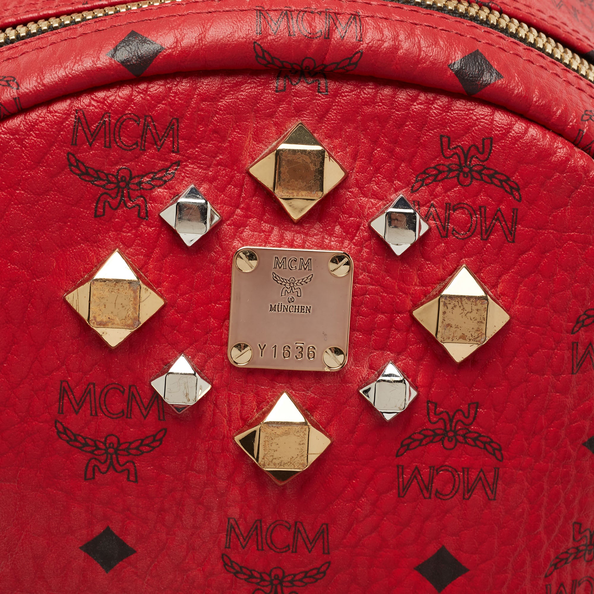 MCM Red Visetos Leather Stud Stark Backpack