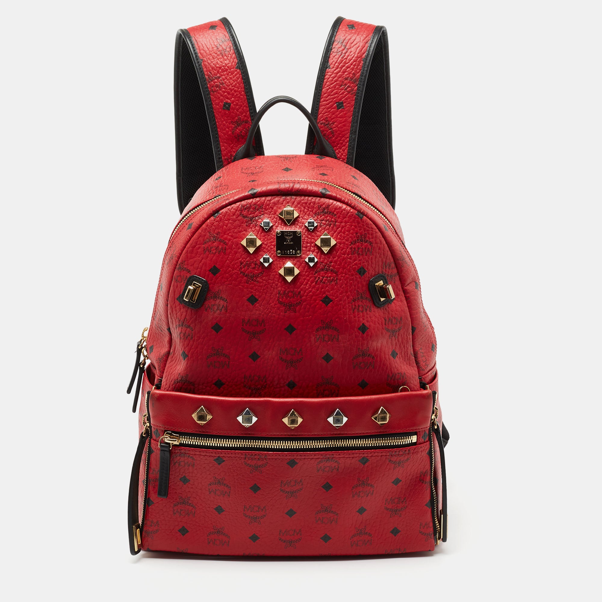 Mcm red shop studded backpack