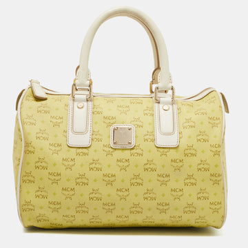 MCM Lime/White Visetos Coated Canvas and Leather Boston Bag
