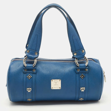 MCM Blue Leather Logo Boston Bag