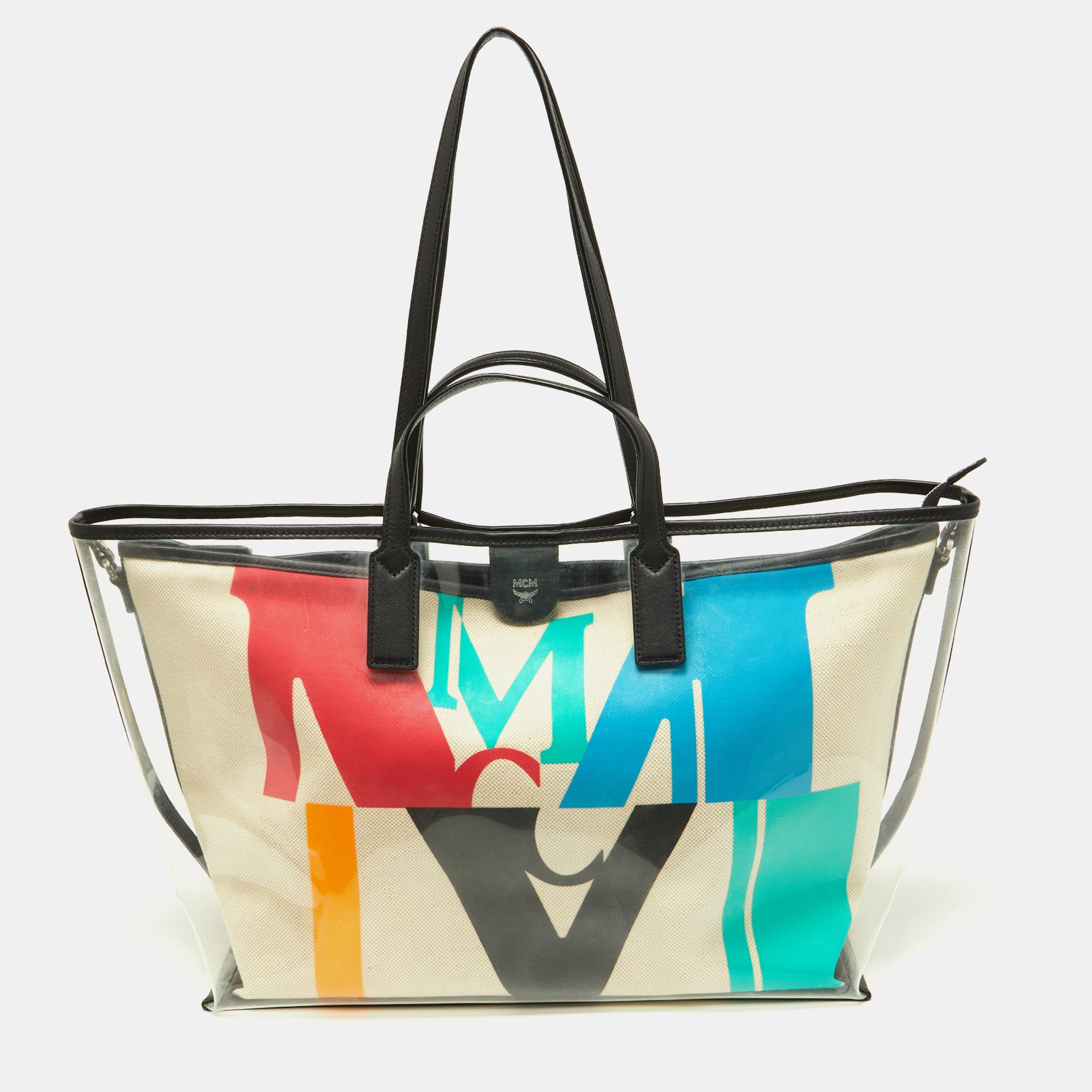 MCM Transparent Black PVC and Leather Glitch Logo Shopper Tote