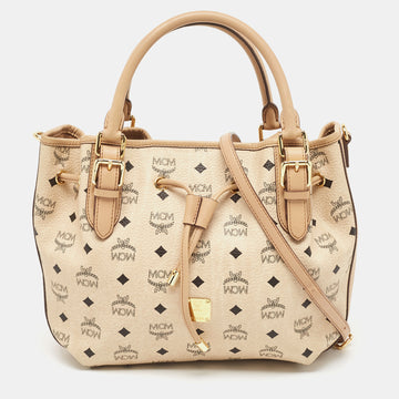 MCM Two Tone Beige Visetos Coated Canvas and Leather Drawstring Tote