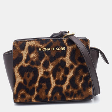 MICHAEL KORS Brown Leopard Print Calf Hair and Leather Mini Selma Satchel