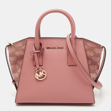 MICHAEL KORS Pink Signature Leather and Suede Small Avril Satchel