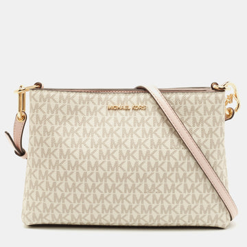 MICHAEL KORS White/Pink Signature Coated Canvas and Leather Medium Trisha Crossbody Bag