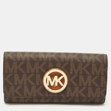 MICHAEL KORS Beige/Brown Signature Coated Canvas Fulton Flap Continental Wallet