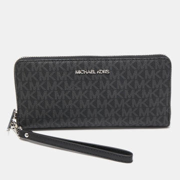 MICHAEL KORS Grey/Black Signature Coated Canvas Zip Around Wristlet Wallet