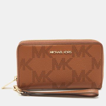 MICHAEL KORS Brown Leather Jet Set Phone Case Zip Around Wristlet Wallet