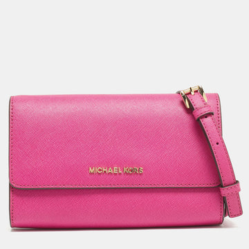 MICHAEL KORS Pink Saffiano Leather Flap 3in1 Crossbody Bag