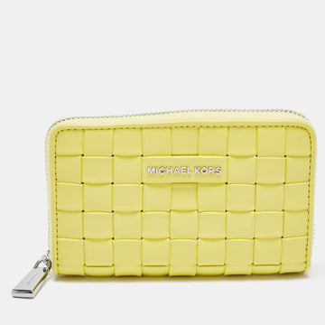 MICHAEL KORS Yellow Intrecciato Leather Zip Around Compact Wallet