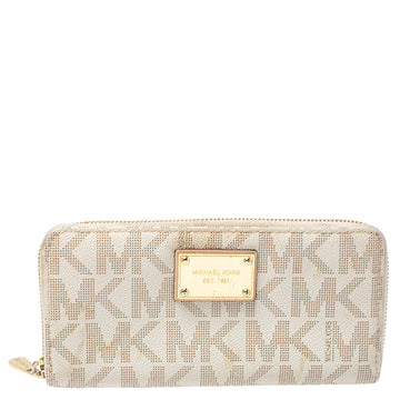 MICHAEL KORS White Monogram Coated Canvas Zip Around Wallet