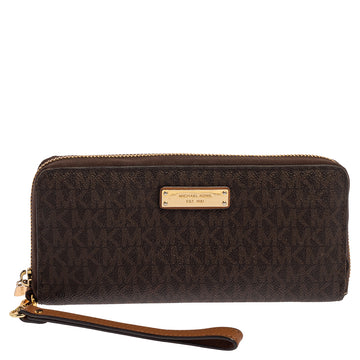 MICHAEL KORS Brown Monogram Coated Canvas Zip Around Wristlet Wallet