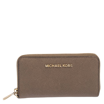 MICHAEL KORS Beige Leather Zip Around Wristlet Wallet