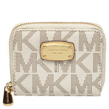 Micheal Kors White Signature Coated Canvas Zip Around Compact Wallet