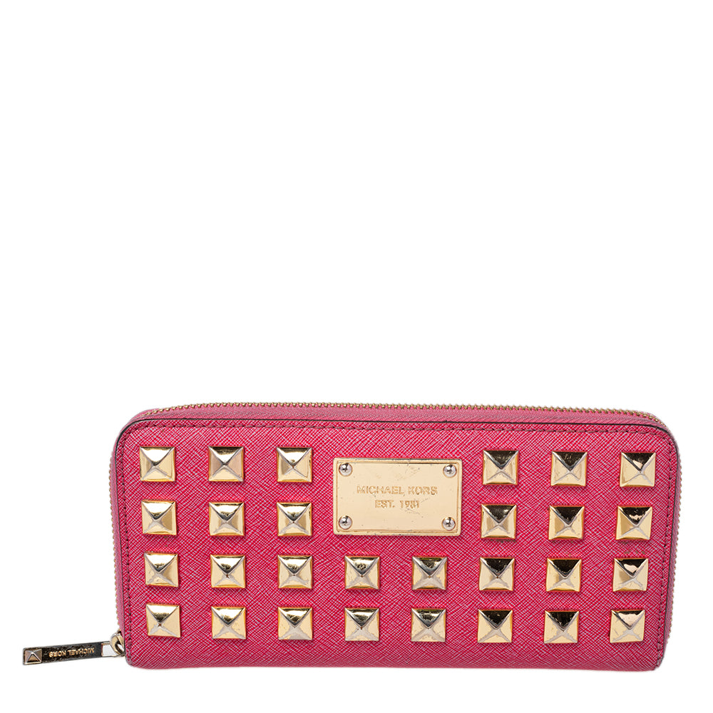 MICHAEL KORS Pink Leather Studded Zip Around Wallet