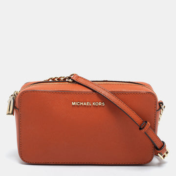 Micheal Kors Rust Brown Leather Zip Jet Set Crossbody Bag