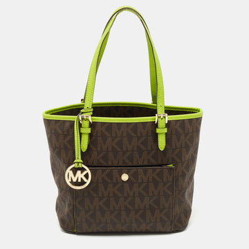 MICHAEL KORS Brown/Green Signature Coated Canvas and Leather Medium Snap Pocket Tote