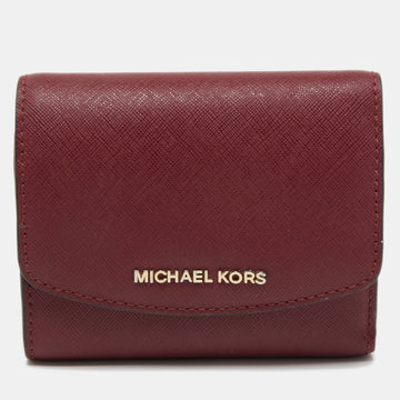 MICHAEL KORS Burgundy Saffiano Leather Jet Set Trifold Wallet