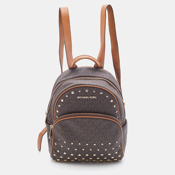 MICHAEL KORS Brown Signature Coated Canvas and Leather Studded Abbey Backpack