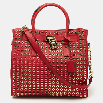 MICHAEL KORS Red Leather Large N/S Grommet Hamilton Tote
