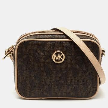 MICHAEL KORS Brown/Beige Signature Coated Canvas and Leather Camera Crossbody Bag
