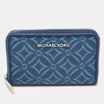 MICHAEL KORS Blue Monogram Jacquard Canvas and Leather Zip Around Card Case