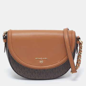 MICHAEL KORS Brown/Tan Signature Coated Canvas And Leather Jet Set Charm Dome Crossbody Bag