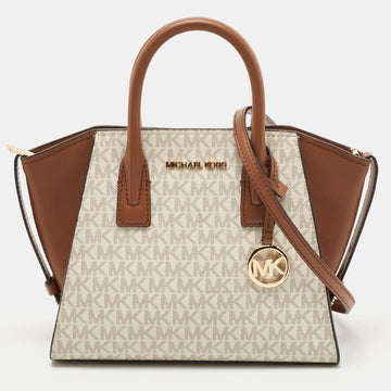 MICHAEL KORS Brown/Off White Signature Coated Canvas and Leather Avril Satchel